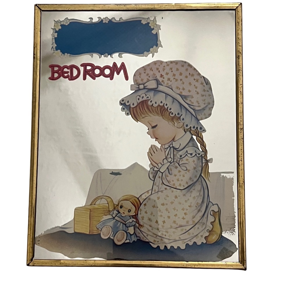Vintage Precious Moments Girl Praying Bedroom Mirror Art Decor‎ Framed Gold Tone